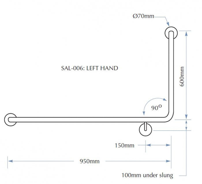 Bradley Stylishly Assisted Living SAL Toilet Grab Rail 90 Degree 950mm x 600mm