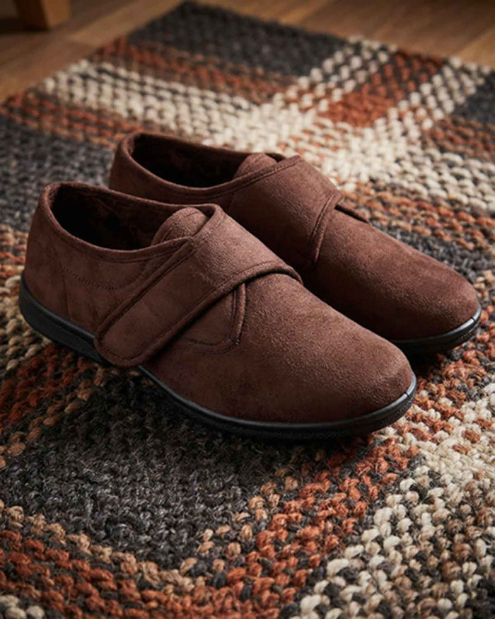 DB Wider Fit Velcro Strap House Shoes - Brown - Country Collection