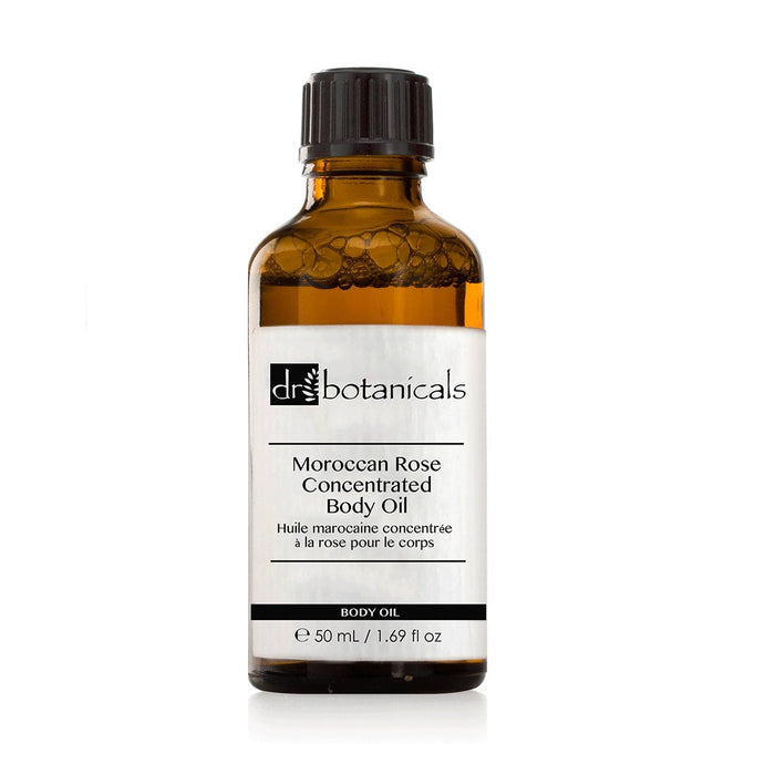 Dr Botanicals Moroccan Rose Concentrated Body Oil 50ml vegan bottle with rose extract and natural ingredients.
