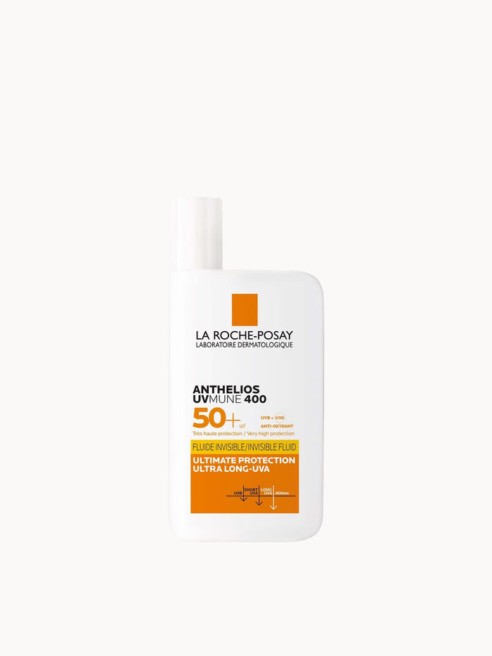 La Roche-Posay Anthelios UVMune 400 SPF50+ invisible non-perfumed suncream in 50ml bottle, smooth and lightweight texture.