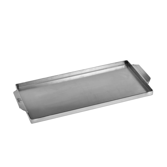 Stainless steel griddle on a white background