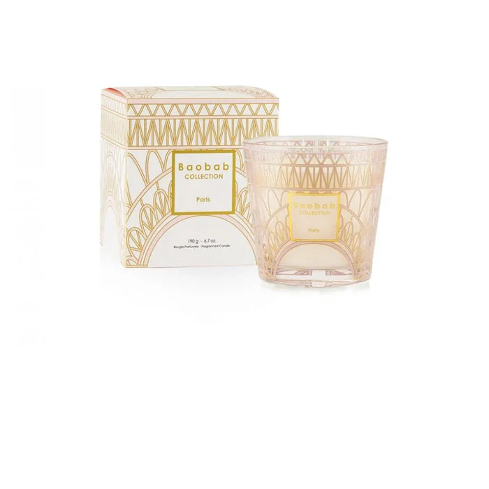 A Baobab Paris diffuser with a pink and gold design, depicting the Eiffel Tower, and its packaging.