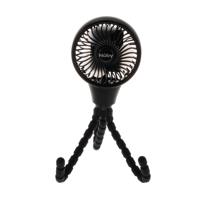 The Oscillating Stroller Fan | Black is a compact, USB-C rechargeable fan with flexible tripod legs and "Nuby" branding on the front, shown against a white background.