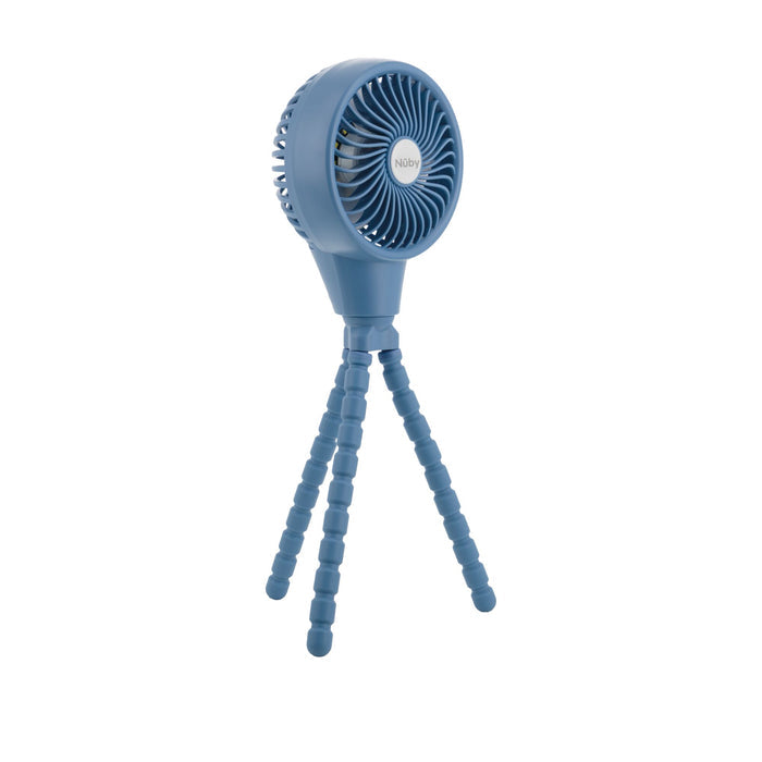 The Oscillating Stroller Fan | Blue is a compact, USB rechargeable fan with a circular head and three flexible, segmented tripod legs, shown standing upright against a white background.
