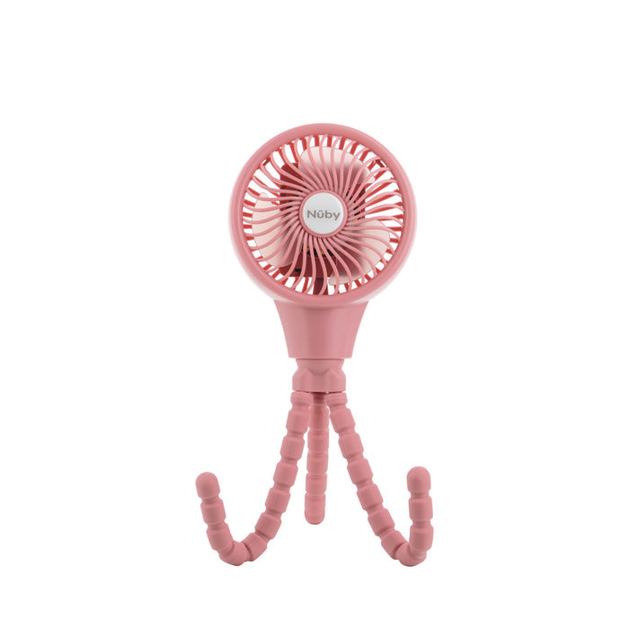The Oscillating Stroller Fan | Pink is a small, rechargeable fan with flexible, segmented tripod legs and a circular front grill. Its adjustable legs can wrap around objects for versatile use.