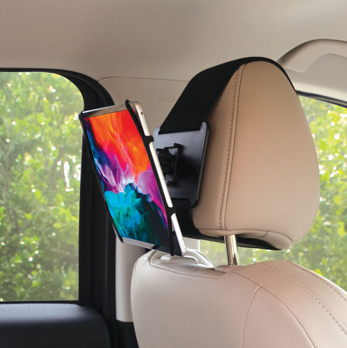 The Nuby Portable Tablet Holder securely mounts to a car headrest, holding your tablet for easy viewing on the go—perfect for travel with scenic views outside the window.