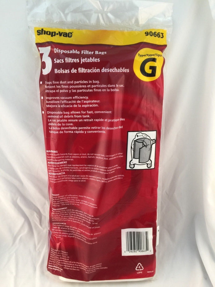Shop Vac Vacuum Paper Bags, Catch Bag 16/20/25 Gallon Type G 3 Pk Part 9066300