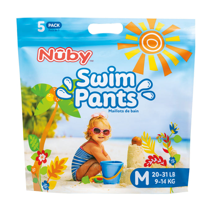 The Nuby Swim Diapers (5 Pack) | Medium feature a fun, colorful package with a child in sunglasses on a sunny beach. Suitable for kids 20-31 lbs (9-14 kg), each pack contains 5 water-resistant swim diapers.