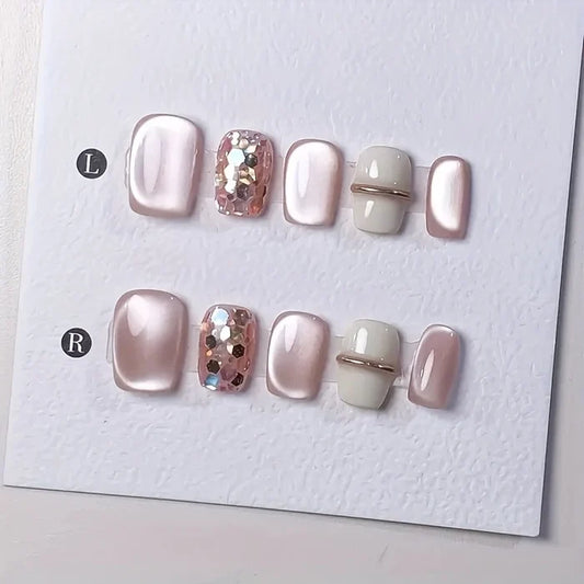 10pcs high-end Light luxury pink cat eyes handmade fake nails, Short pink nail decoration patch for women