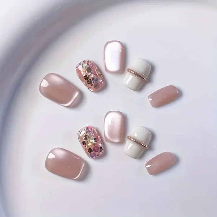 10pcs high-end Light luxury pink cat eyes handmade fake nails, Short pink nail decoration patch for women