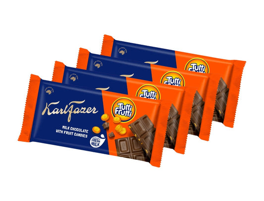 4 × Fazer Chokladkaka Tuttifrutti 145g – Finnish Milk Chocolate with Tutti Frutti Candy Pieces