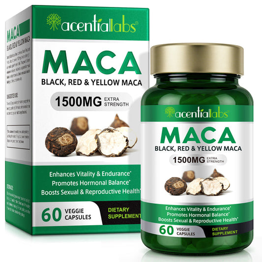 acentiallabs MACA BLACK, RED & YELLOW MACA 1500MG EXTRA STRENGTH 60 VEGGIE CAPSULES Bottled Capsules