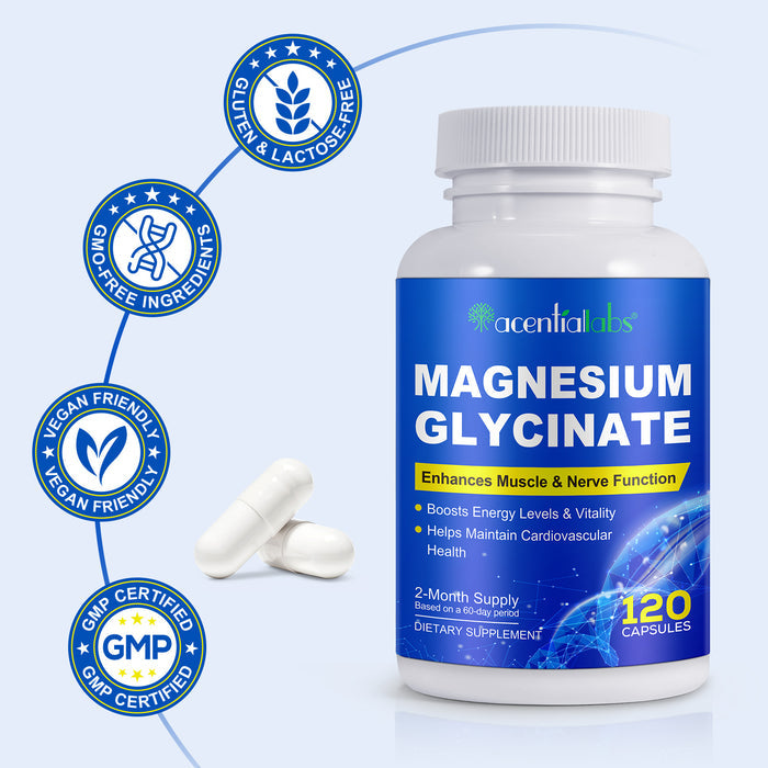 acentiallabs MAGNESIUM GLYCINATE Enhances Muscle & Nerve Function 120 CAPSULES Bottled Capsules