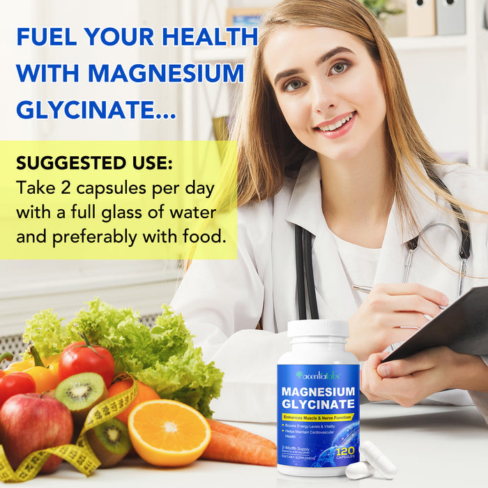 acentiallabs MAGNESIUM GLYCINATE Enhances Muscle & Nerve Function 120 CAPSULES Bottled Capsules