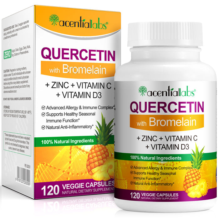 acentiallabs QUERCETIN with Bromelain,+ ZINC + VITAMIN C+ VITAMIN D3,120 VEGGIE CAPSULES Bottled Capsules