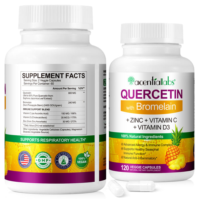 acentiallabs QUERCETIN with Bromelain,+ ZINC + VITAMIN C+ VITAMIN D3,120 VEGGIE CAPSULES Bottled Capsules