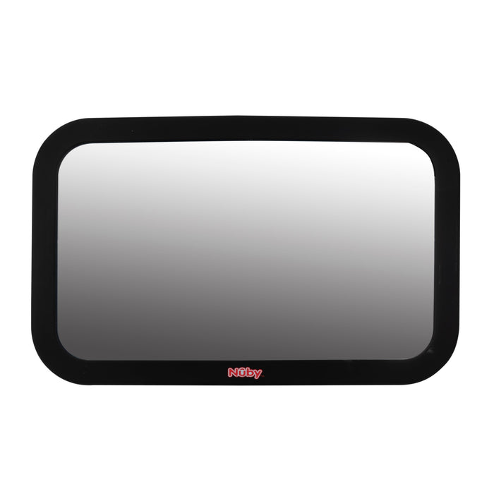 The Adjustable Backseat Baby View Mirror features a shatter-resistant, rounded-edge design with a black frame and red Nûby logo at the bottom center. It has an adjustable swivel base and is shown against a white background.