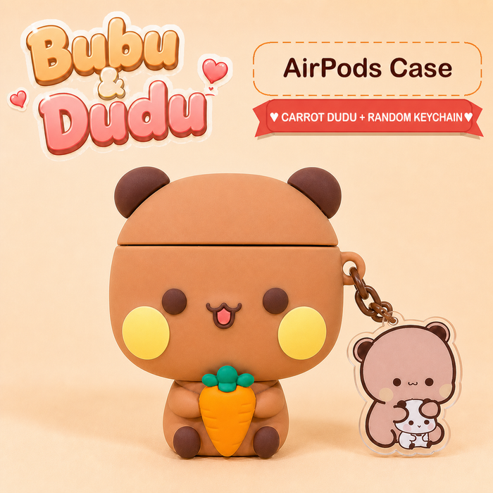Brown Dudu carrot AirPods case with brown chain and matching random acrylic keychain