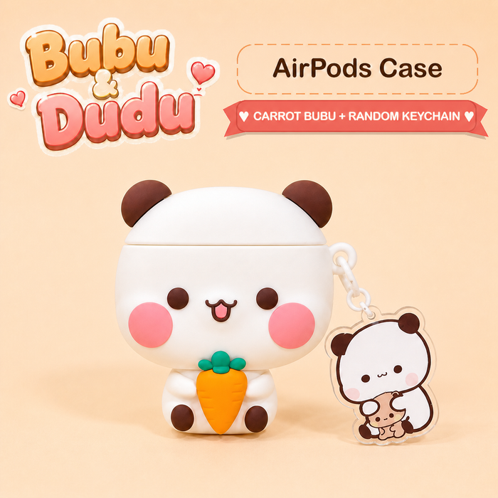 White Bubu carrot AirPods case with white chain and matching random acrylic keychain