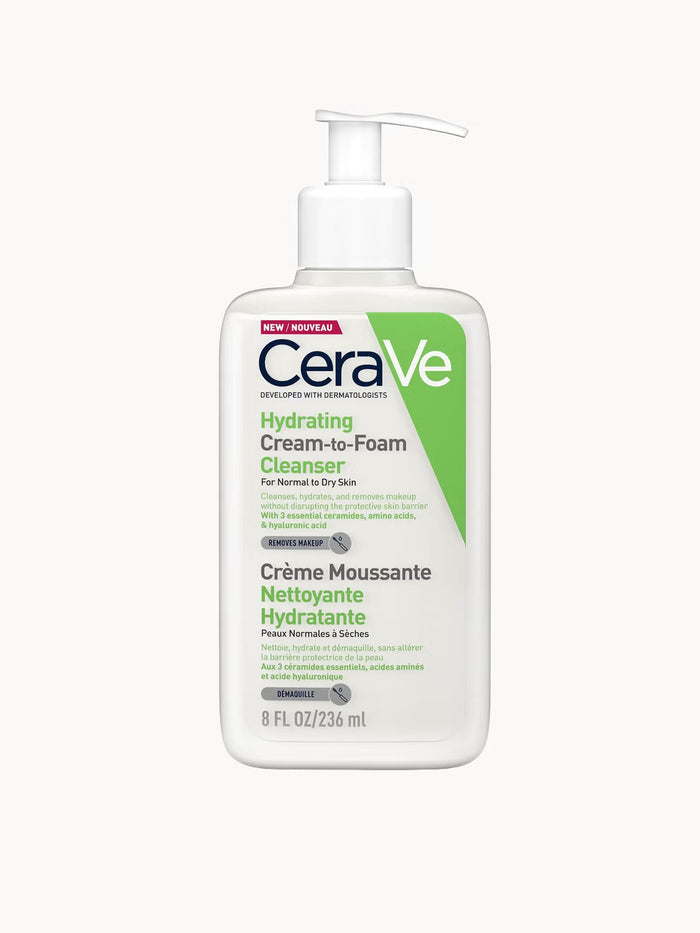 CeraVe Hydrating Cream-to-Foam Cleanser for normal to dry skin, 236ml, in a white bottle with a pump dispenser.