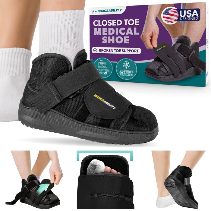 BraceAbility closed-toe post-op shoe with a thick rubber sole, providing foot protection and comfort for broken toe recovery.