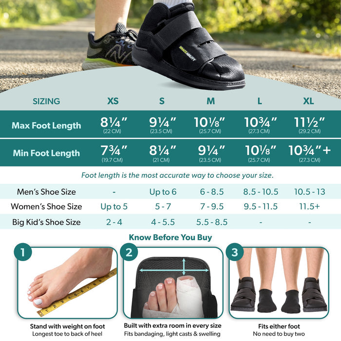 A person is wearing BraceAbility's closed-toe walking shoe. Below is a sizing chart with foot and shoe measurements for sizes XS,S, M, L, and XL. Text reads: "The Perfect Fit, Light on Your Feet.
