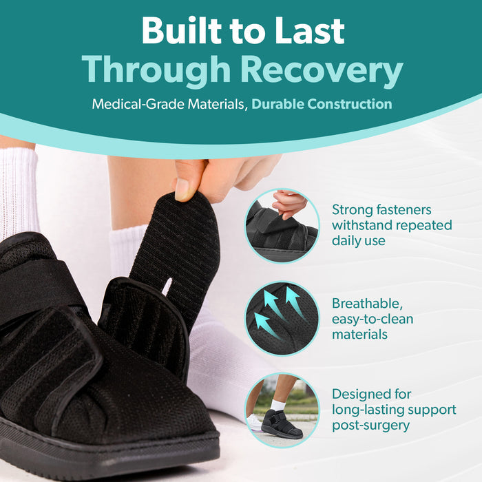 The post op bunion and hammertoe surgery recovery shoe is lightweight and easy to adjust