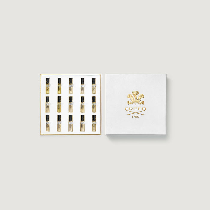 Creed Collector's Coffret Open Box with 15 Fragrance Sample Vials & White Gold Lid - Top View | Creed Boutique