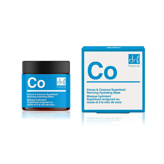 Dr. Botanicals Cocoa & Coconut Superfood Reviving Hydrating Mask 50ml vegan skincare product in a jar with a natural, nourishing appearance.