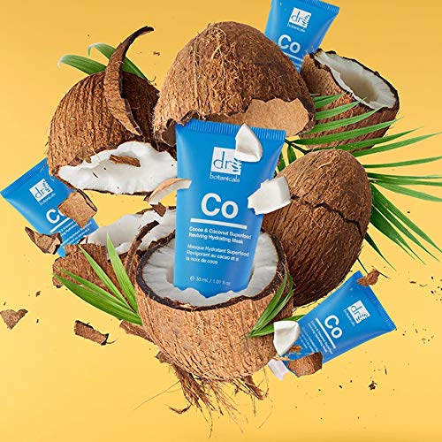 Dr. Botanicals Cocoa & Coconut Superfood Hydrating Mask in a 50ml jar, vegan skincare product with a smooth, creamy texture.