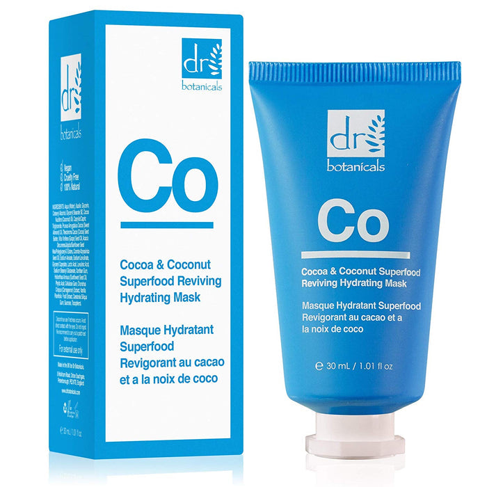Dr. Botanicals Cocoa & Coconut Superfood Hydrating Mask in a 50ml jar, vegan skincare product with a natural cream texture.