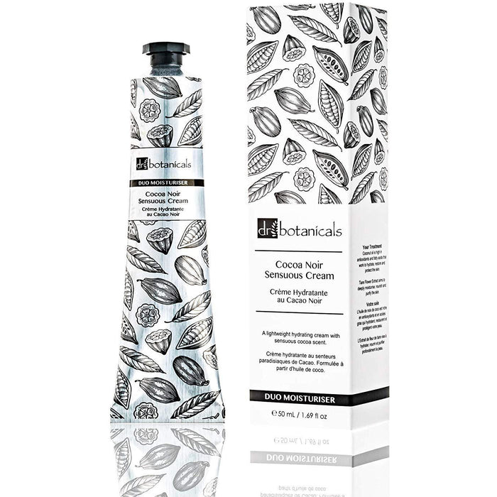 Dr. Botanicals Cocoa Noir Sensuous Face and Hand Cream 50ml vegan skin care product with a sleek jar and luxurious packaging.