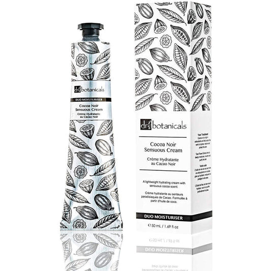 Dr. Botanicals Cocoa Noir Sensuous Face and Hand Cream 50ml vegan skin care product with a sleek jar and luxurious packaging.