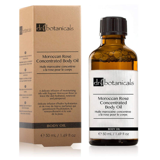 Dr. Botanicals Moroccan Rose Body Oil in a 50ml bottle, featuring a clear container with pink rose oil and a white cap.