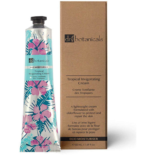 Dr. Botanicals Tropical Invigorating Face and Hand Cream in 50ml vegan lotion bottle with tropical design.