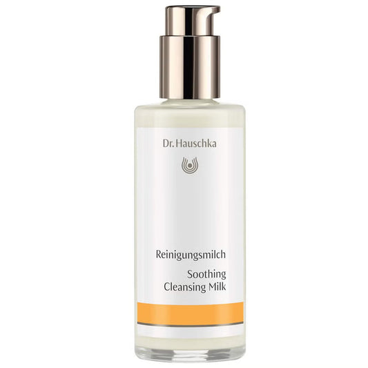 Dr. Hauschka Soothing Cleansing Milk in a 145 ml bottle, gentle facial cleanser with a creamy texture and natural ingredients.