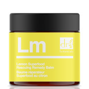 Dr. Botanicals Lemon Superfood All-in-One Rescue Butter 50ml vegan skin care product jar with lemon imagery and natural packaging.