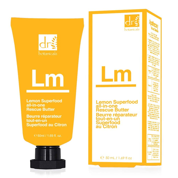 Dr. Botanicals Lemon Superfood All-in-One Rescue Butter 50ml vegan skin care jar with lemon-themed packaging.