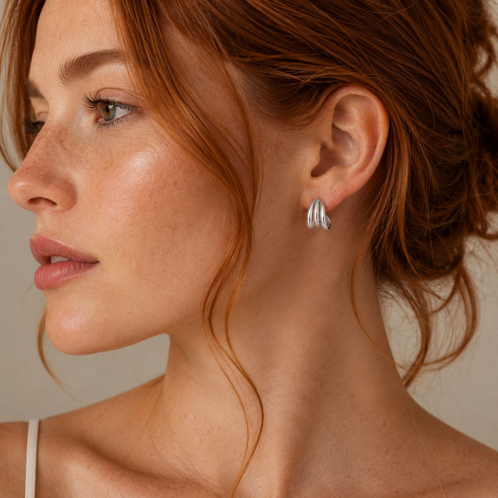 Earrings-Silver Three Hoop Huggies