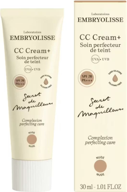 Embryolisse CC Cream and moisturizer with SPF20 in nude shade, providing complexion perfecting and hydration.