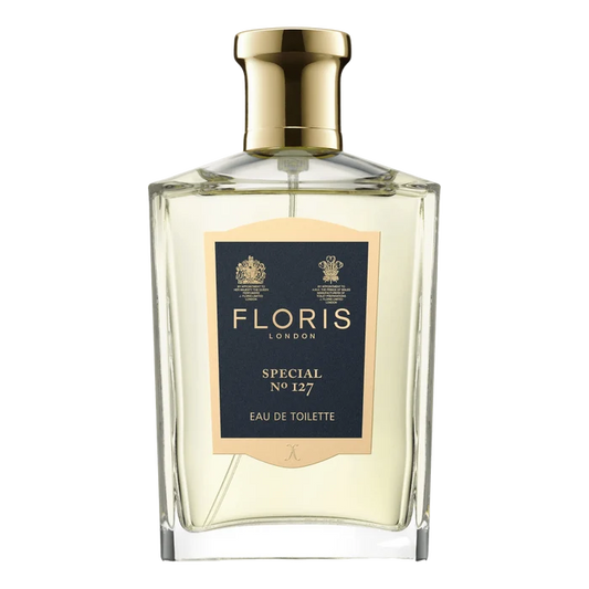 Floris London Special No. 127 Eau de Toilette flaske med mørkeblå etikett, gullskrift og kvadratisk design