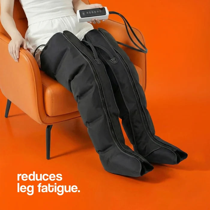 Full Leg Compression Massager worn by a person to reduce leg fatigue.