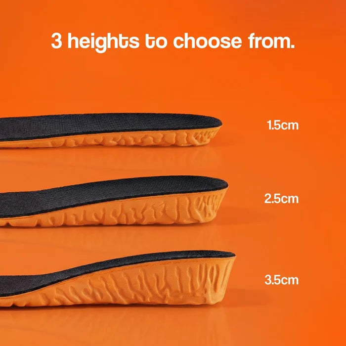 Height insoles displayed in three layers: 1.5cm, 2.5cm, and 3.5cm, with a black top and orange textured base.