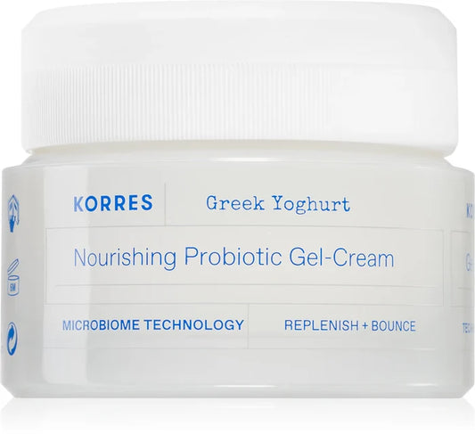 Korres Greek Yoghurt moisturising gel cream with probiotics in a 40ml jar, suitable for nourishing skin care.