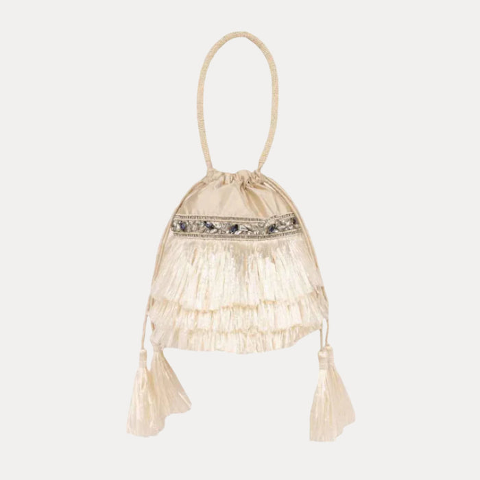 a white bag with tassels