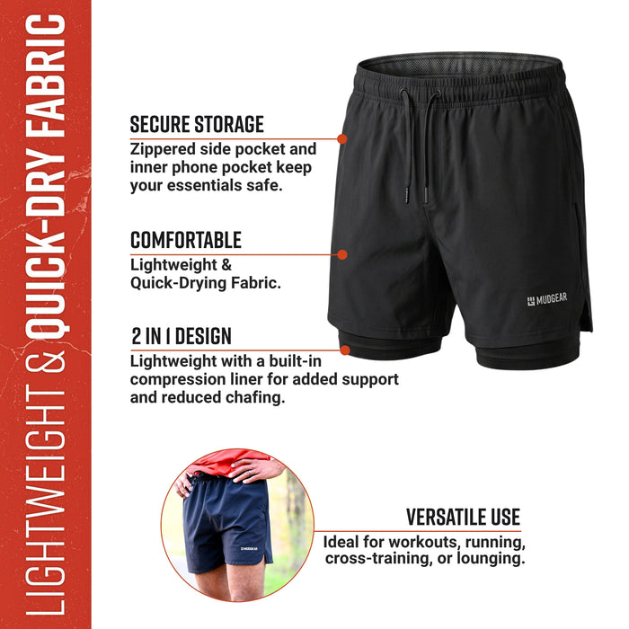 MudGear Men's 2-in-1 Training Shorts - Black