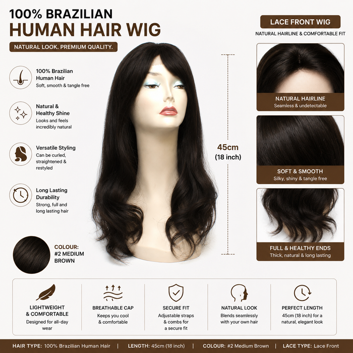 Nioumee Long NC4 Brazilian 100% Human Hair Lace Front Wig 45cm (18") | Natural #2 Medium Brown | Pre-Plucked Hairline