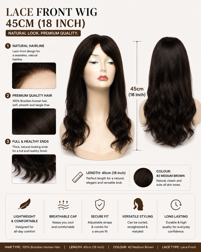 Nioumee Long NC4 Brazilian 100% Human Hair Lace Front Wig 45cm (18") | Natural #2 Medium Brown | Pre-Plucked Hairline