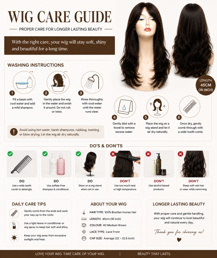 Nioumee Long NC4 Brazilian 100% Human Hair Lace Front Wig 45cm (18") | Natural #2 Medium Brown | Pre-Plucked Hairline