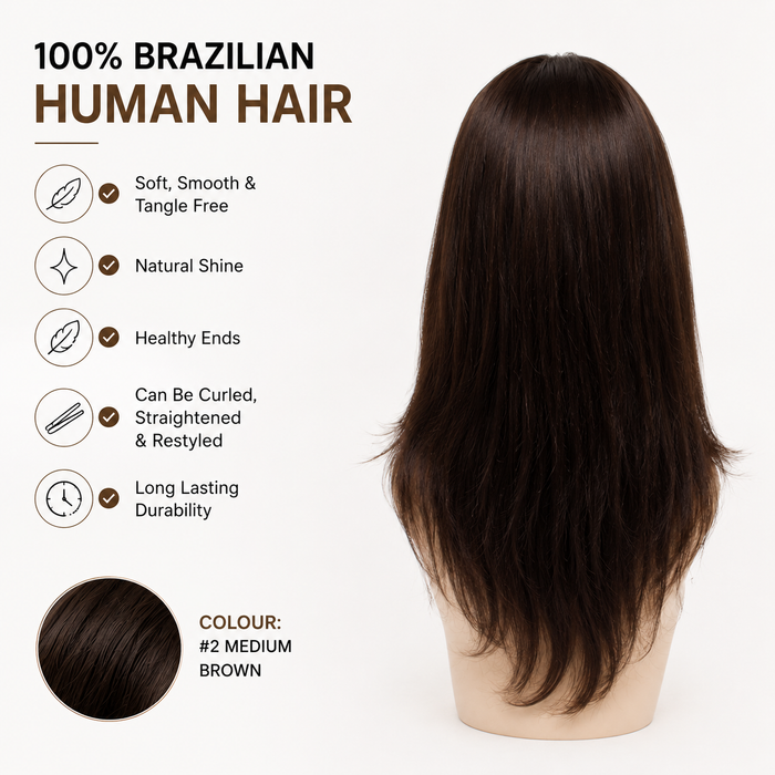 Nioumee Long NC4 Brazilian 100% Human Hair Lace Front Wig 45cm (18") | Natural #2 Medium Brown | Pre-Plucked Hairline